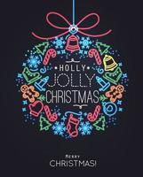 piatto Natale albero giocattolo nel neon stile lettering agrifoglio gioviale Natale disegno con magro colore Linee su nero sfondo vettore