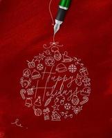 Natale albero giocattolo palla lettering contento vacanze disegno con penna linea su rosso sfondo vettore