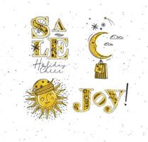 allegro Natale elementi lettering saldi, vacanza allegria, gioia e illustrato sole con Babbo Natale cappello e Luna con regalo disegno nel grafico stile su bianca sfondo vettore