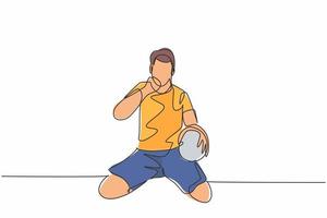 un disegno a tratteggio continuo di un giovane calciatore tiene la palla a portata di mano e dà un pugno al cielo per celebrare il gol. concetto di celebrazione del punteggio obiettivo illustrazione vettoriale di disegno a linea singola