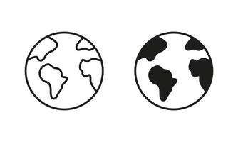 globo terra silhouette e linea icona impostare. globale pianeta sfera carta geografica pittogramma. il giro mondo continente Europa Africa America Australia Asia cartello. modificabile ictus. isolato vettore illustrazione.