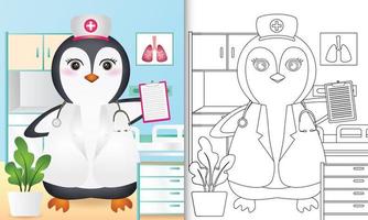 libro da colorare per bambini con un simpatico personaggio di infermiera pinguino illustrazione vettore