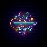 segno di musica dal vivo al neon. insegna luminosa con chitarra e iscrizione di musica dal vivo. vettore