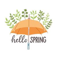 Ciao primavera mano disegnato piatto vettore illustrazione. lettering primavera stagione con ombrello per saluto carta