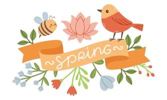 primavera etichetta con stagione citazioni, uccello, nastro. mano disegnato primavera vettore illustrazione.