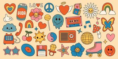 Groovy impostato hippie anni '70. cartone animato fiore arcobaleno pace amore cuore margherita fungo eccetera. etichetta imballare nel di moda retrò stile. vettore