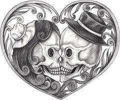 arte Vintage ▾ cuore mescolare fantasia coppia amore cranio. mano disegno e rendere grafico vettore. vettore