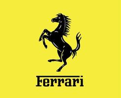 ferrari marca logo simbolo con nome nero design italiano auto automobile vettore illustrazione con giallo sfondo