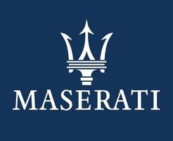 maserati marca logo auto simbolo con nome bianca design italiano automobile vettore illustrazione con blu sfondo