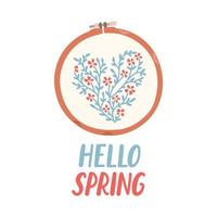 Ciao primavera mano disegnato vettore illustrazione. lettering primavera stagione con ricamo le foglie fiori per saluto carta.