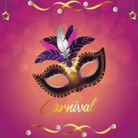biglietto di auguri festa di carnevale con maschera su sfondo viola vettore