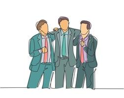 un disegno a linea singola di tre giovani dipendenti di sesso maschile in piedi insieme e che si abbracciano mentre si incontrano in ufficio. concetto di amicizia di affari linea continua disegnare disegno vettoriale illustrazione