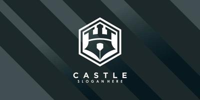 castello e penna logo design con creativo concetto vettore