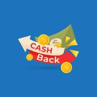 icona di cash back vettoriale con monete e portafoglio isolato su sfondo blu. etichetta di rimborso o rimborso in denaro