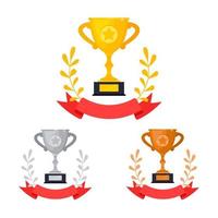 oro, argento e bronzo premio trofeo calice tazza impostato con ghirlanda le foglie icona cartello piatto stile design vettore illustrazione.