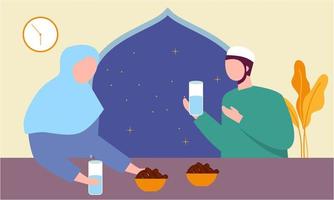 iftar festa con famiglia durante Ramadan, pasto con musulmano famiglia, Ramadan digiuno illustrazione vettore