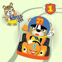 carino orso su da corsa macchina, leopardo Tenere finire bandiera, vettore cartone animato illustrazione