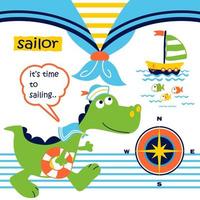 carino dinosauro il divertente marinaio con andare in barca elementi, vettore cartone animato illustrazione