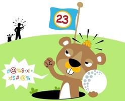 divertente arrabbiato Talpa grumo Tenere golf palla nel golf buco, vettore cartone animato illustrazione