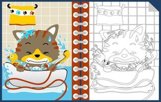 poco gatto su vasca da bagno nel il bagno, colorazione libro o pagina vettore