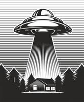 vintage poster ufo. gli alieni rapiscono da una fattoria. casa con mulino a vento nella foresta. design in bianco e nero. illustrazione vettoriale. vettore
