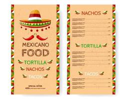 menu del ristorante di cucina messicana. tortilla, nachos, tacos. modello di progettazione con sombrero, illustrazione di peperoncino e ornamenti nazionali su carta texture. offerta speciale. vettore