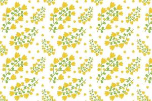 senza soluzione di continuità modello verde rami con fioritura giallo mini cuffie, primavera fiori. fiori selvatici e erbe aromatiche. botanico Stampa per manifesti, carte, tessili, asilo. decorazione di fiore negozi. vettore illustrazione