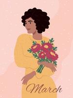 saluto carta per internazionale Da donna giorno .celebrare marzo 8 . africano americano donna Tenere rosso peonie. Da donna rispetto e solidarietà. Da donna storia mese. vettore