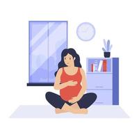 piatto design di incinta donna praticante yoga a casa vettore