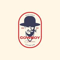 vecchio uomo barbuto baffi cowboy cappello viso bandana distintivo Vintage ▾ logo design vettore icona illustrazione