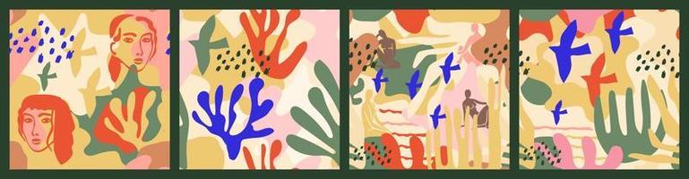 ispirata a Matisse astratto senza soluzione di continuità vettore modello con disegnato a mano astratto forme di fiori, le persone, uccelli. Perfetto per moda disegno, avvolgere, sfondo e Di Più