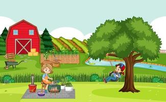famiglia felice nella scena della fattoria con fienile rosso nel paesaggio del campo vettore