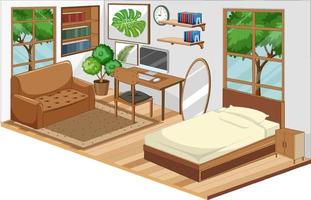 interno camera da letto con mobili ed elementi decorativi in tema marrone vettore