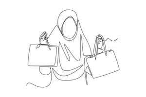 continuo uno linea disegno contento musulmano donna shopping per eid mubarak. eid al-Fitr concetto. singolo linea disegnare design vettore grafico illustrazione.