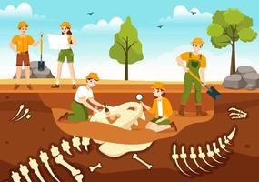 fossile illustrazione con archeologi trova dinosauri scheletri su scavi o scavando suolo strati nel piatto cartone animato mano disegnato modelli vettore