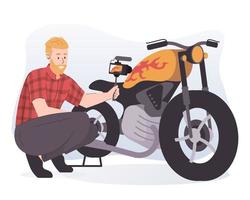 uomo registrazione il suo motociclo utilizzando telecamera. motociclo blogger vettore