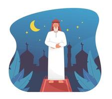 uomo musulmano che prega di notte con la silhouette della moschea vettore