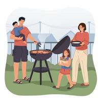 famiglia avendo un' barbecue festa nel il Giardino dietro la casa vettore