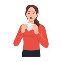 donna malato e triste con starnuti su naso e freddo tosse su fazzoletto di carta carta perché influenza e debole o virus batteri. piatto vettore illustrazione isolato su bianca sfondo