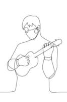 uomo nel un' maschera sta e giochi un' piccolo chitarra. uno linea disegno di un' musicista Tenere un' ukulele vettore