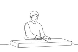 uomo seduta a un' sintetizzatore - uno linea disegno. musicista giocando tastiera vettore