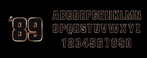 89 anno alfabeto stile. nero numeri e lettere con oro ictus. d'oro tipografia vettore file. collezione di segni nel anni 90 e anni 80 estetico. typeset per comico libri e film.