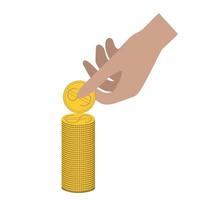 il mano mette un' d'oro dollaro moneta nel un' pila. conteggio centesimi. finanza vettore