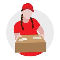 consegna donna nel un' rosso uniforme detiene un' confezionato scatola. piatto stile. in linea ordine consegna servizio vettore