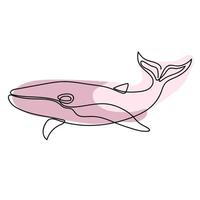balena disegnato nel uno linea su bianca con rosa macchie di dipingere. subacqueo animale. mammifero di il oceani. design per logo, tatuaggio.