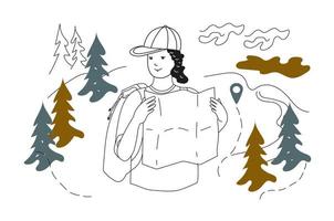 donna turista con zaino Tenere carta geografica ricerca percorso. vettore scarabocchio illustrazione.