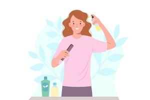 donna prende cura di sua capelli, l'applicazione idratante spray per Riccio capelli vettore
