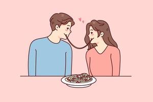 contento coppia avendo romantico Data nel ristorante mangiare pasta insieme. uomo e donna godendo romanza nel bar. piatto vettore illustrazione.