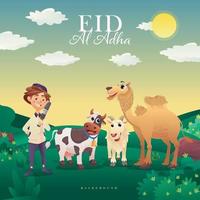 eid adha musulmano ragazzo con animali cartone animato personaggio vettore illustrazione