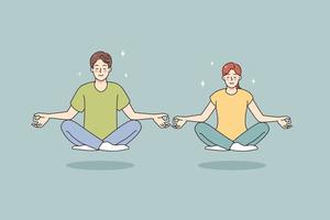 calma uomo e donna con mudra mani meditare nel loto posizione chiaro pensieri. contento coppia pratica yoga con occhi chiuso alleviare negativo emozioni respirare fresco aria. vettore illustrazione.